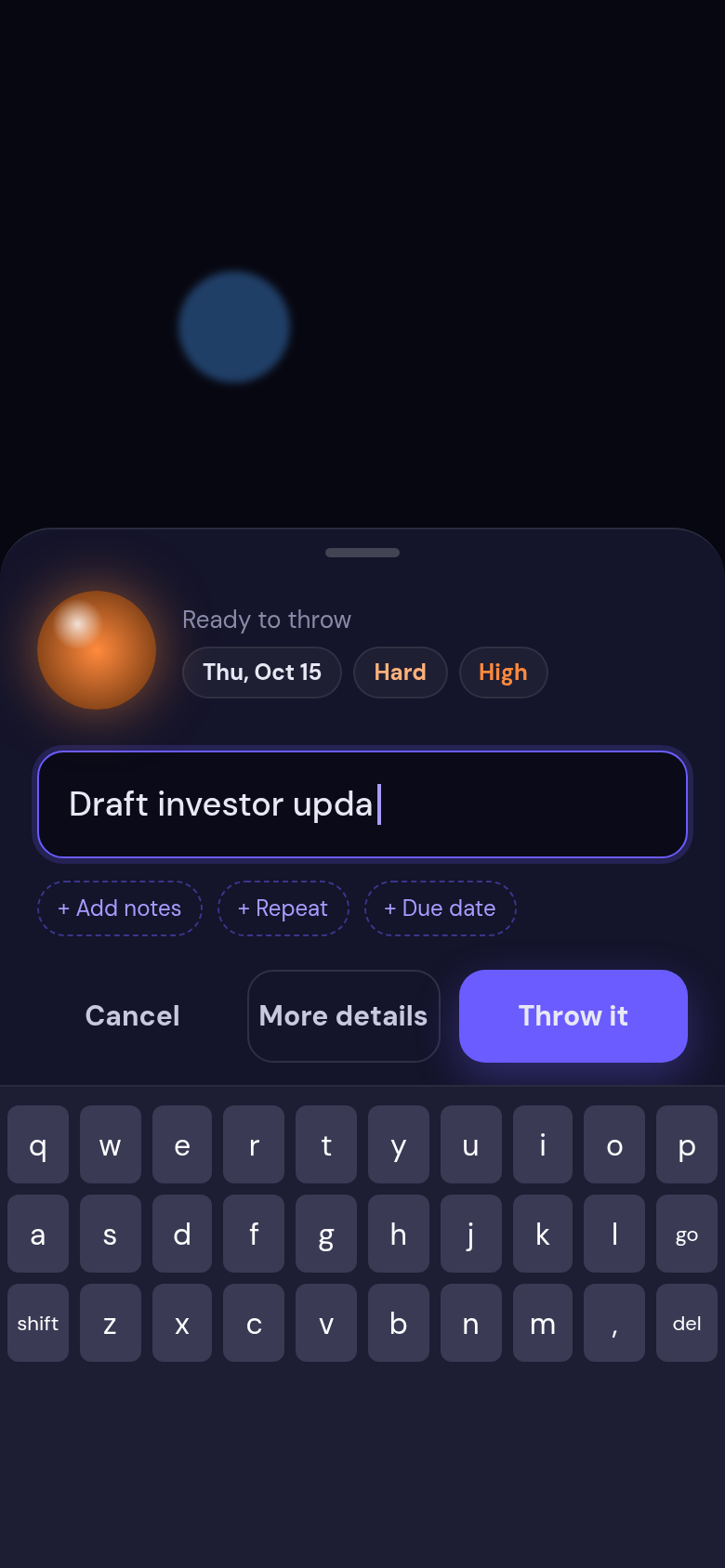 Phone screen for typing a new task and throwing it onto the timeline