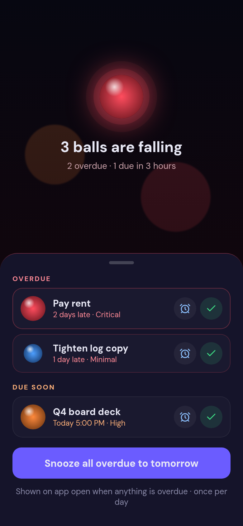 Phone screen listing overdue tasks, with three balls falling