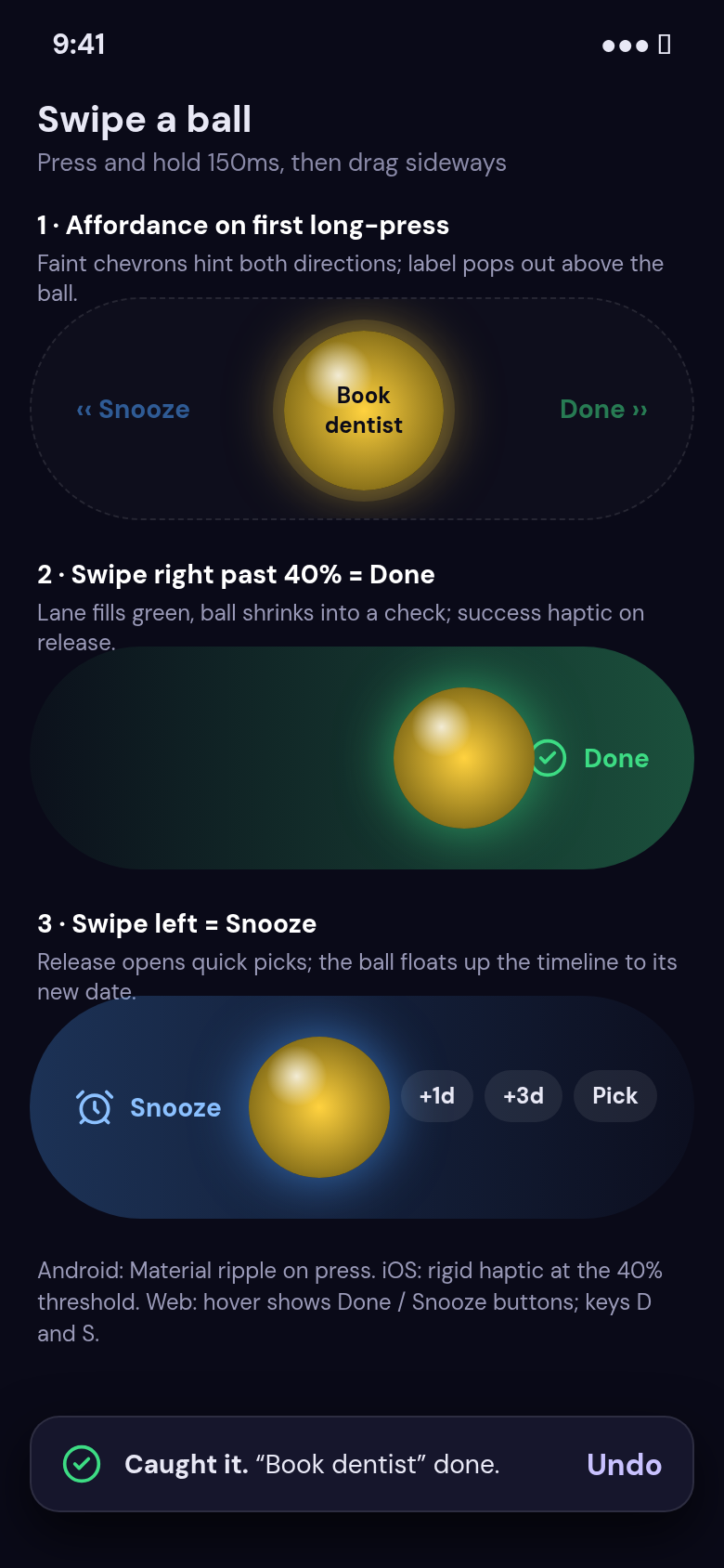 Phone screen for swiping a ball right to finish it or left to snooze it